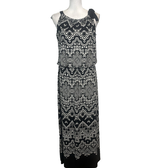 Alfani Tank Dress size Medium Black Ivory Slinky Peasant Boho Long Maxi Wedding - Picture 1 of 12